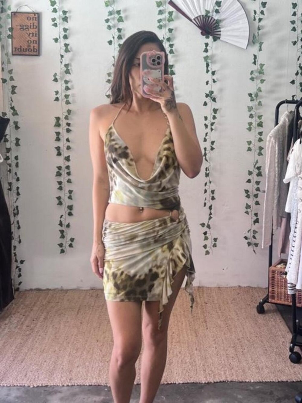 Blanc green tie dye plunge neckline ultra mini dress size small